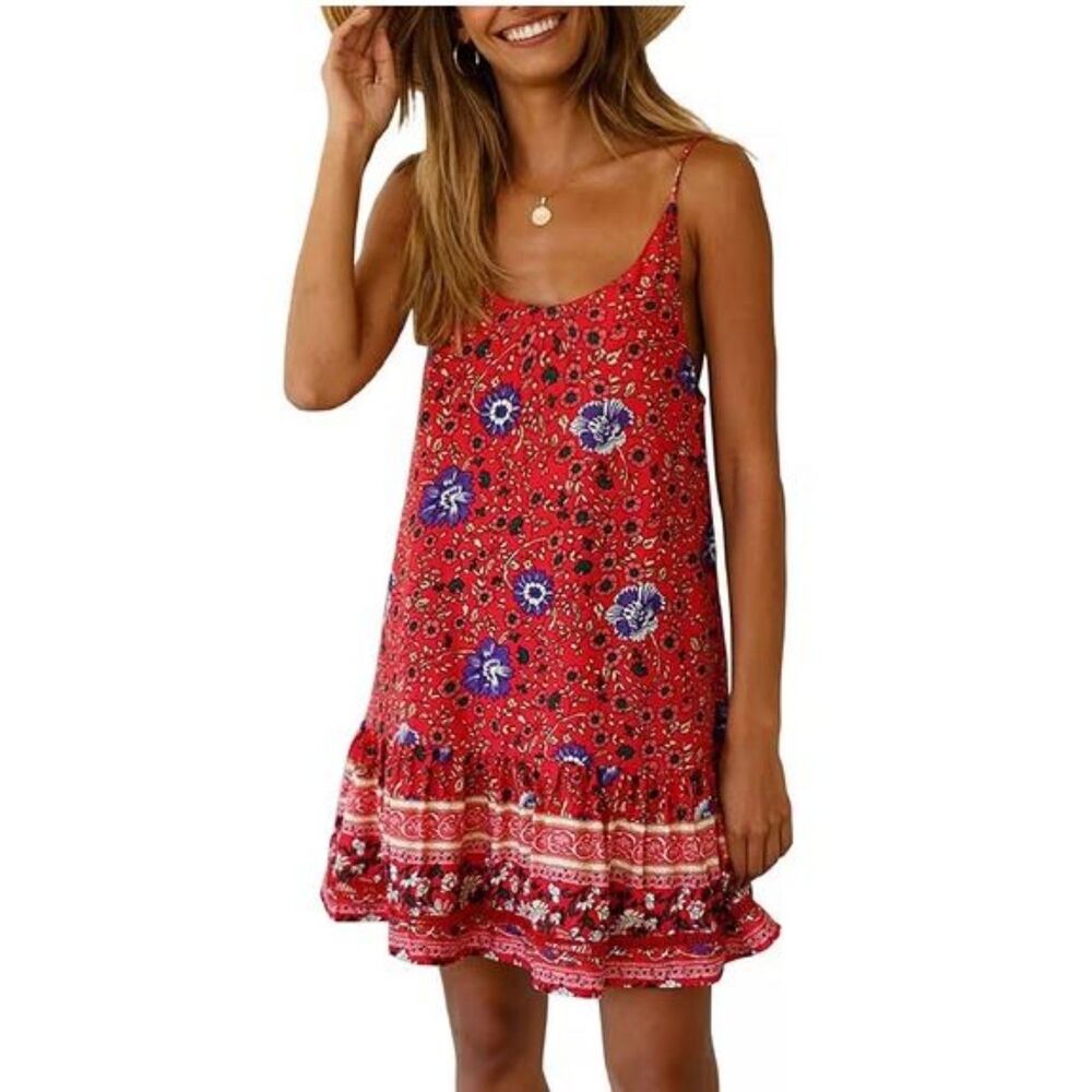 Qearal Boho Floral Mini Sundress Red Adjustable Spaghetti Straps Pockets Size M